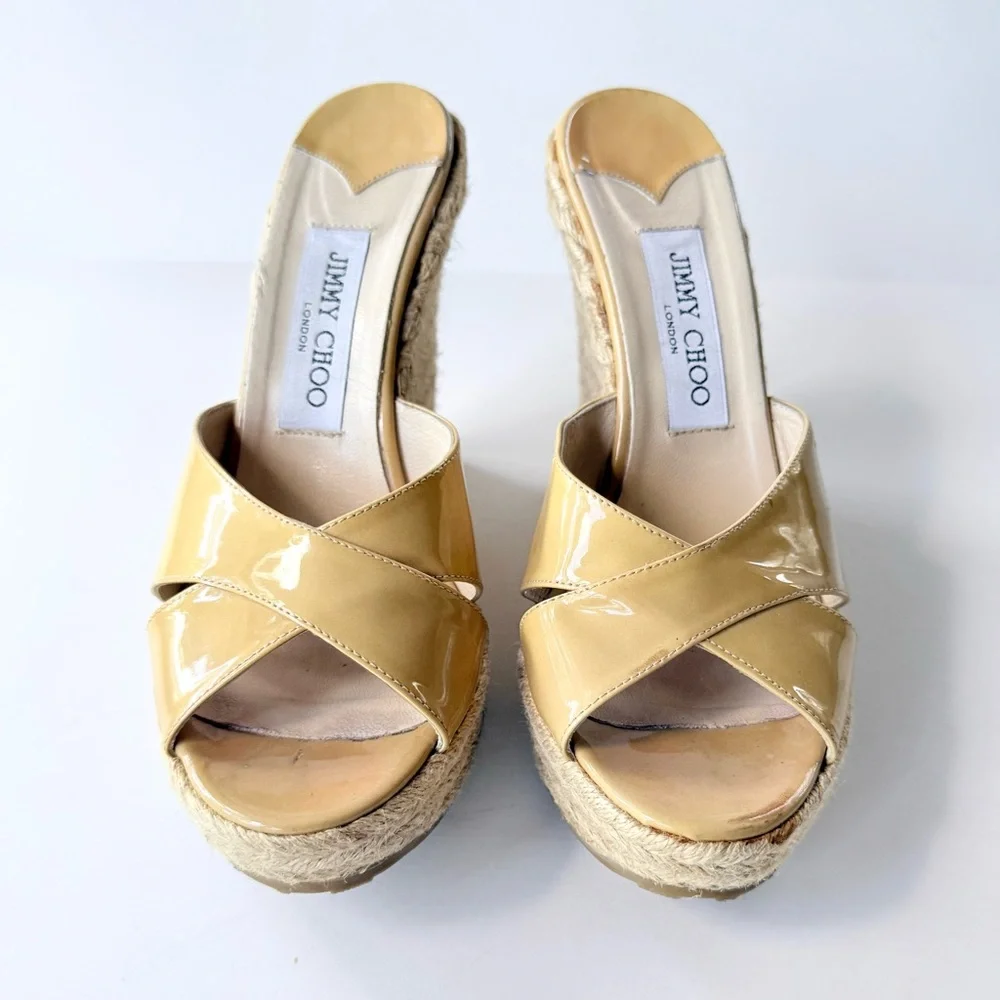 Jimmy Choo Patent Leather Espadrille Wedge Sandals Tan Camel 39